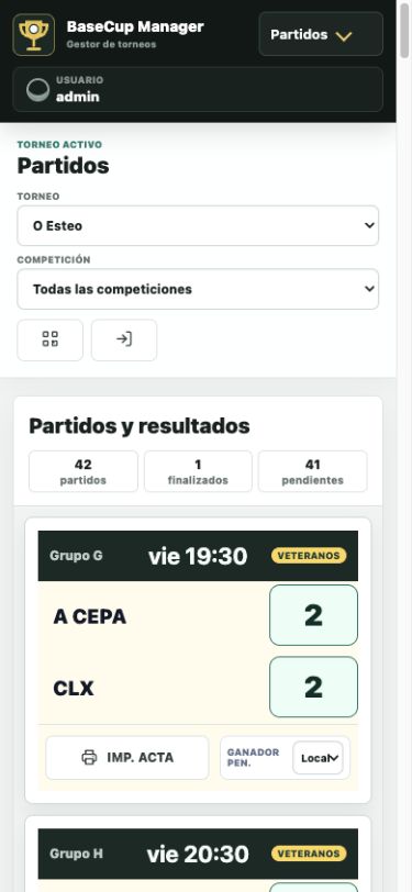 Vista móvil simplificada para introducir resultados